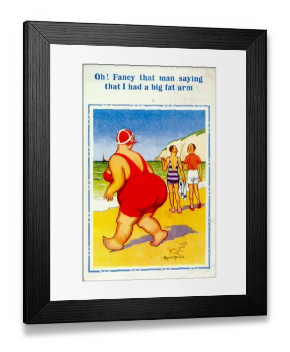 Framed Print : Comic postcard, Large woman in red swimsuit on the beach Date: 20th century Framed Print : Comic postcard, Large woman in red swimsuit on the beach Date: 20th century