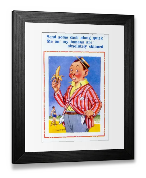 Framed Print : Comic postcard, Man with banana at the seaside Framed Print : Comic postcard, Man with banana at the seaside