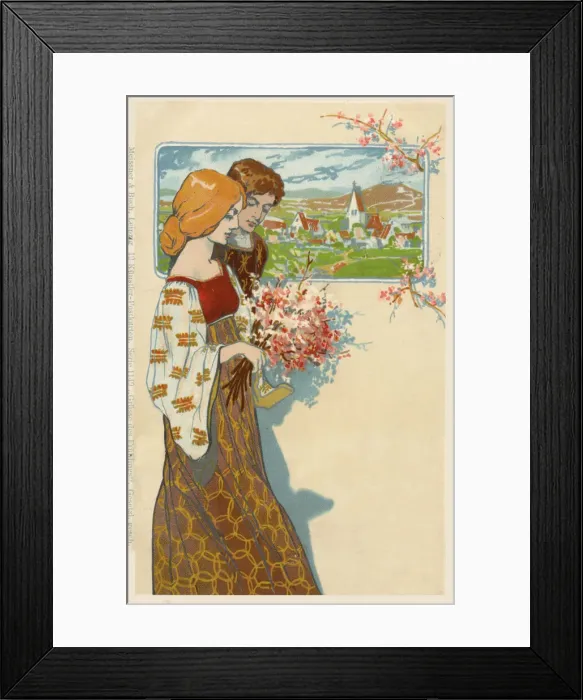 Framed Print : Springtime - a young German couple with a picture of a small rural town in the background Framed Print : Springtime - a young German couple with a picture of a small rural town in the background