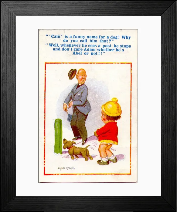 Framed Print : Comic postcard, Vicar, little girl and dog Framed Print : Comic postcard, Vicar, little girl and dog