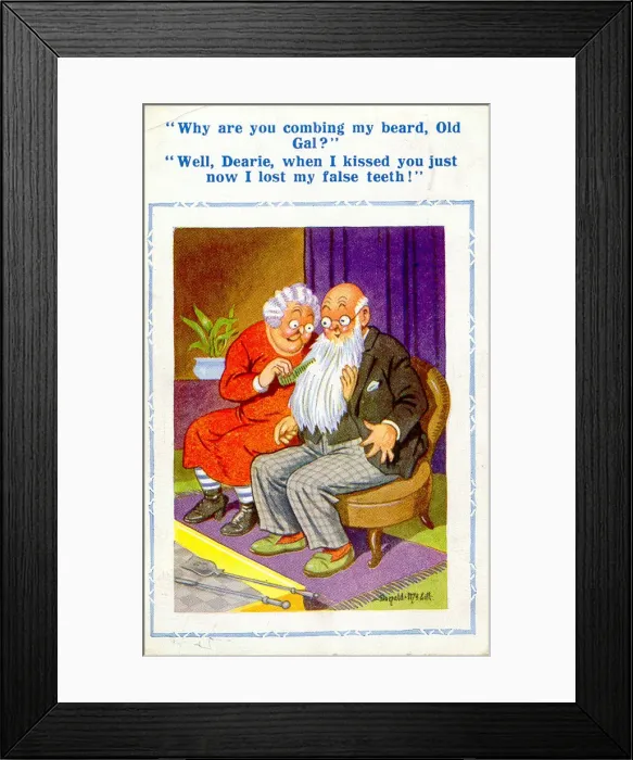 Framed Print : Comic postcard, Elderly woman combing mans beard Date: 20th century Framed Print : Comic postcard, Elderly woman combing mans beard Date: 20th century