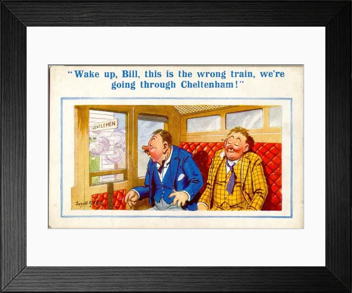 Framed Print : Comic postcard, Two drunkards on a train Framed Print : Comic postcard, Two drunkards on a train