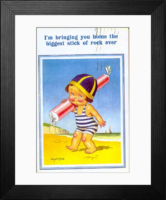 Framed Print : Comic postcard, Child on the beach with a giant stick of rock Date: 20th century Framed Print : Comic postcard, Child on the beach with a giant stick of rock Date: 20th century