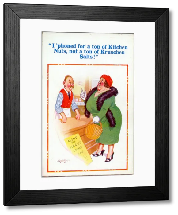 Framed Print : Comic postcard, dissatisfied customer in shop Date: 20th century Framed Print : Comic postcard, dissatisfied customer in shop Date: 20th century