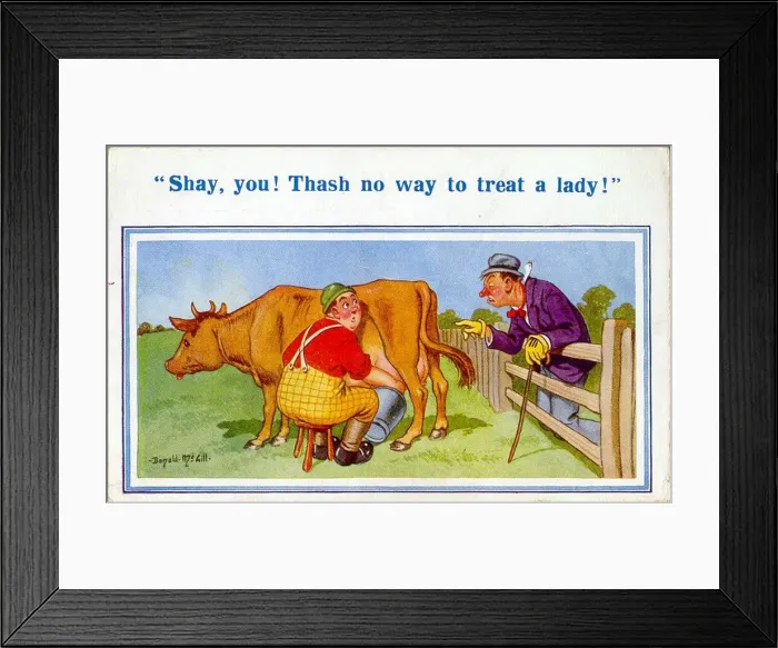 Framed Print : Comic postcard, milking a cow Date: 20th century Framed Print : Comic postcard, milking a cow Date: 20th century