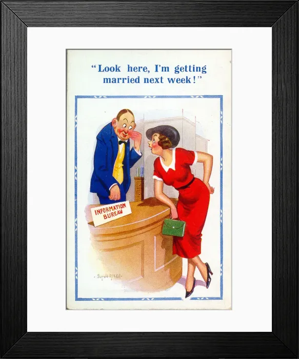 Framed Print : Comic postcard, Woman at Information Bureau Framed Print : Comic postcard, Woman at Information Bureau