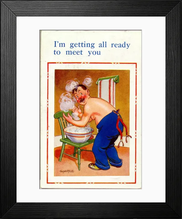 Framed Print : Comic postcard, Man washing in a bowl Date: 20th century Framed Print : Comic postcard, Man washing in a bowl Date: 20th century