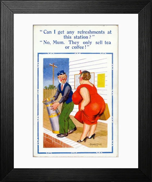 Framed Print : Comic postcard, Woman and porter on station platform Framed Print : Comic postcard, Woman and porter on station platform
