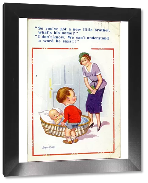 Comic postcard, Little boy with new baby brother Date: 20th century
