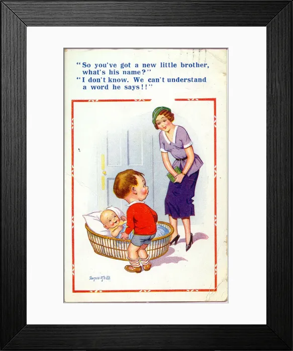 Framed Print : Comic postcard, Little boy with new baby brother Date: 20th century Framed Print : Comic postcard, Little boy with new baby brother Date: 20th century