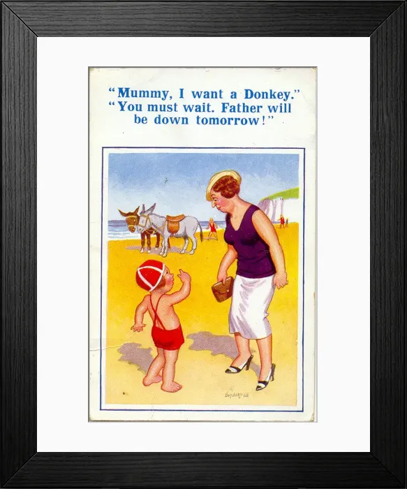 Framed Print : Comic postcard, Little girl asking for a donkey on the beach Date: 20th century Framed Print : Comic postcard, Little girl asking for a donkey on the beach Date: 20th century