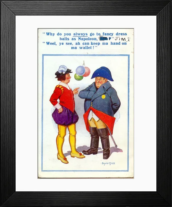 Framed Print : Comic postcard, Scotsman dressed as Napoleon at fancy dress ball Date: 20th century Framed Print : Comic postcard, Scotsman dressed as Napoleon at fancy dress ball Date: 20th century