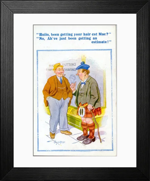 Framed Print : Comic postcard, Scotsman outside barbers shop Date: 20th century Framed Print : Comic postcard, Scotsman outside barbers shop Date: 20th century