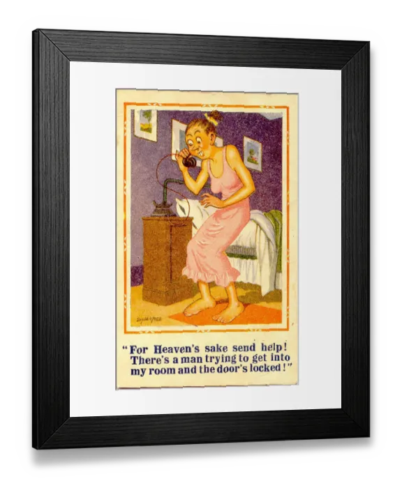 Framed Print : Comic postcard, Hotel guest on the phone Date: 20th century Framed Print : Comic postcard, Hotel guest on the phone Date: 20th century