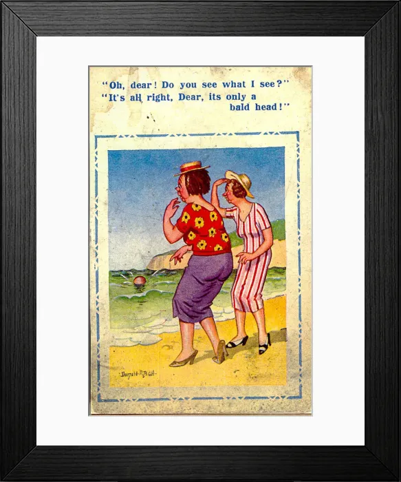 Framed Print : Comic postcard, Bald head in the sea, WW2 Date: circa 1940s Framed Print : Comic postcard, Bald head in the sea, WW2 Date: circa 1940s