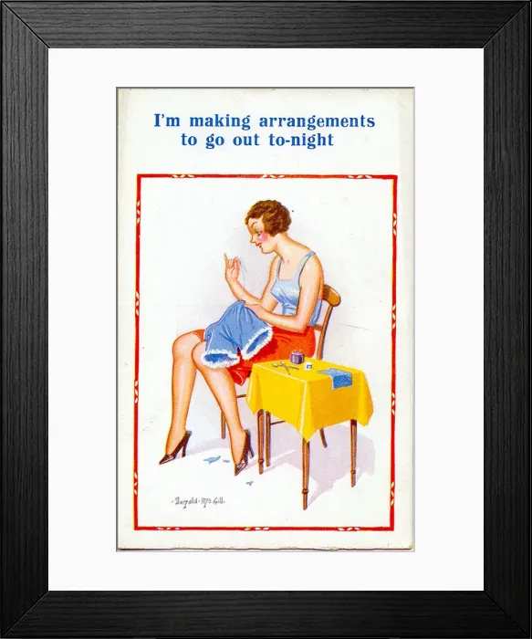 Framed Print : Comic postcard, woman sewing underwear Date: 20th century Framed Print : Comic postcard, woman sewing underwear Date: 20th century
