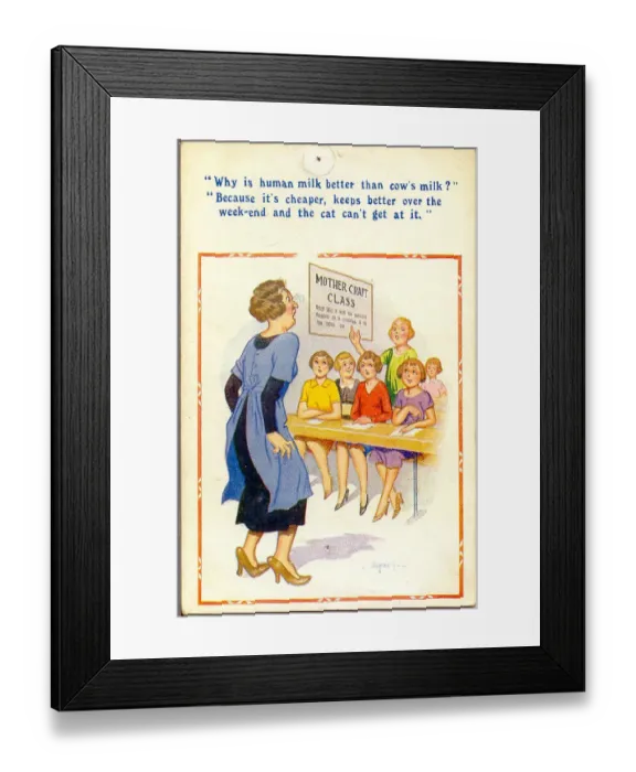 Framed Print : Comic postcard, Mother craft class for girls Date: 20th century Framed Print : Comic postcard, Mother craft class for girls Date: 20th century