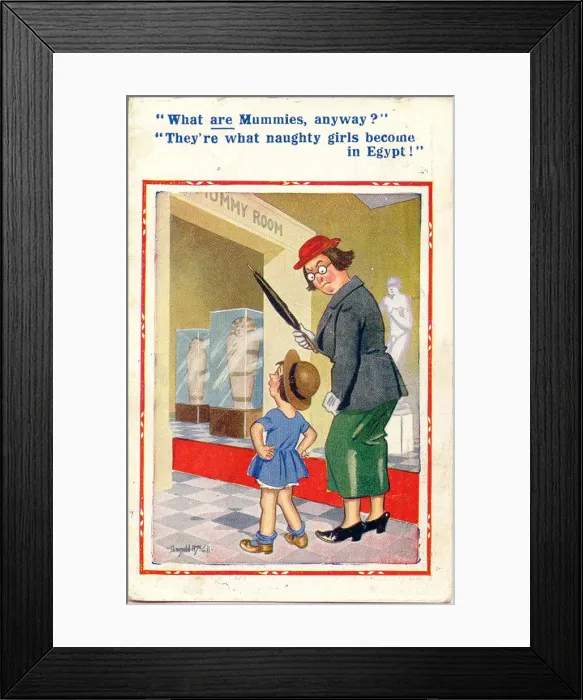 Framed Print : Comic postcard, Little girl visits Egyptian exhibition Date: 20th century Framed Print : Comic postcard, Little girl visits Egyptian exhibition Date: 20th century