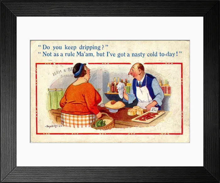 Framed Print : Comic postcard, Customer in butchers shop Date: 20th century Framed Print : Comic postcard, Customer in butchers shop Date: 20th century