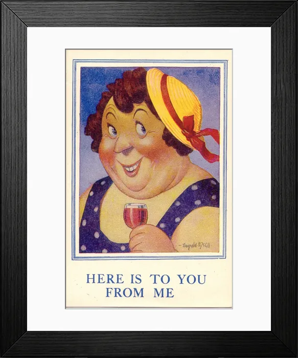 Framed Print : Comic postcard, Woman with a drink in her hand Date: 20th century Framed Print : Comic postcard, Woman with a drink in her hand Date: 20th century
