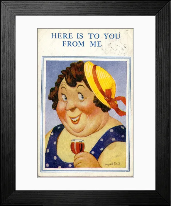 Framed Print : Comic postcard, Woman with a drink in her hand Date: 20th century Framed Print : Comic postcard, Woman with a drink in her hand Date: 20th century