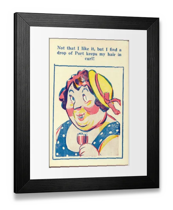 Framed Print : Comic postcard, Woman with a drink in her hand Date: 20th century Framed Print : Comic postcard, Woman with a drink in her hand Date: 20th century
