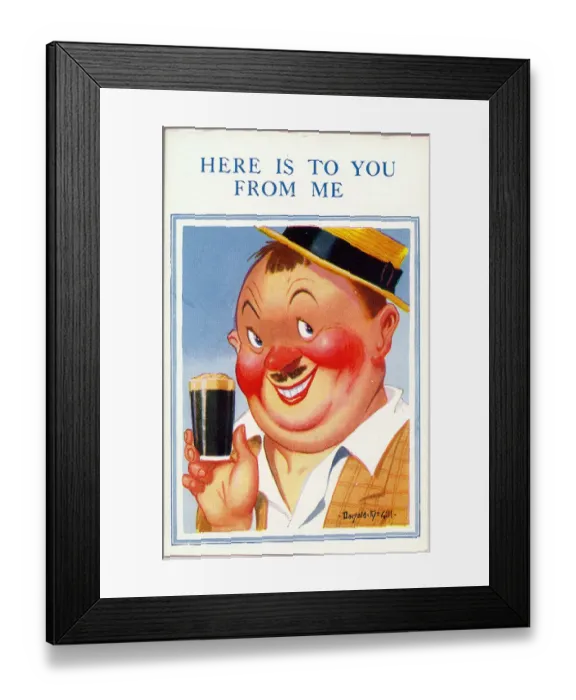 Framed Print : Comic postcard, Man with a drink in his hand Date: 20th century Framed Print : Comic postcard, Man with a drink in his hand Date: 20th century
