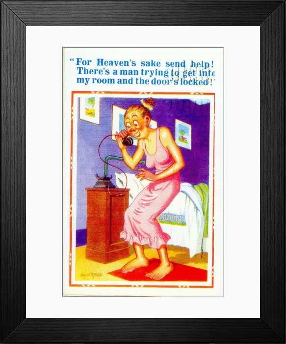Framed Print : Comic postcard, Hotel guest on the phone Framed Print : Comic postcard, Hotel guest on the phone