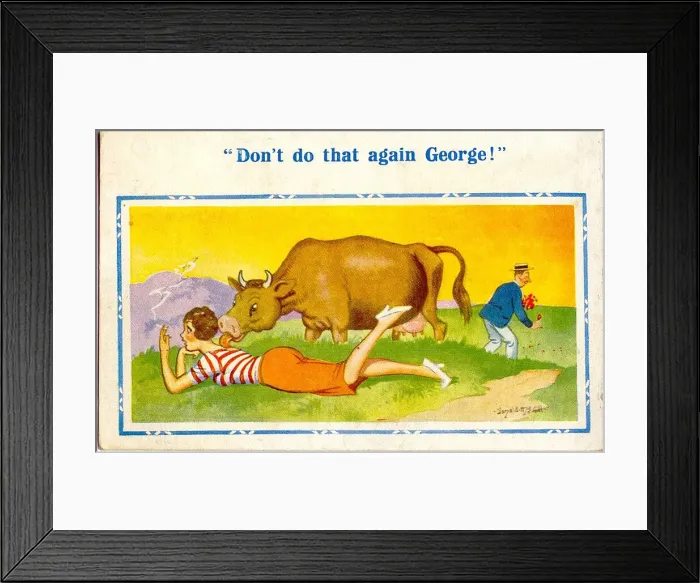 Framed Print : Comic postcard, Man, girlfriend and cow Date: 20th century Framed Print : Comic postcard, Man, girlfriend and cow Date: 20th century