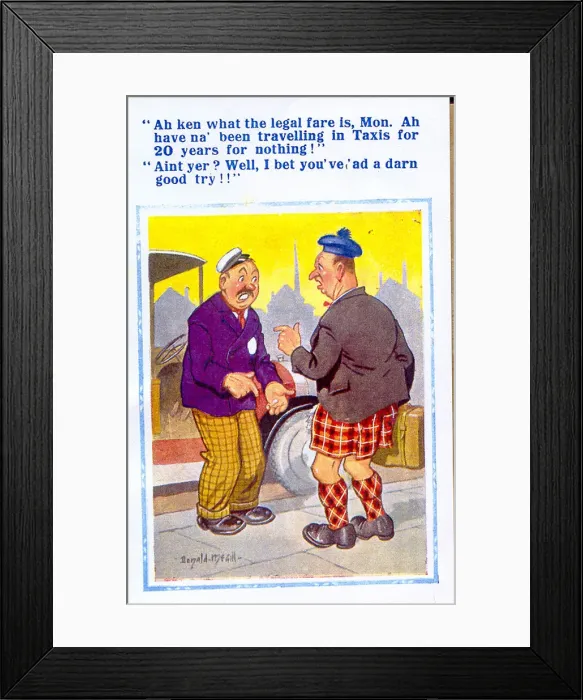 Framed Print : Comic postcard, Scotsman and taxi driver Date: 20th century Framed Print : Comic postcard, Scotsman and taxi driver Date: 20th century