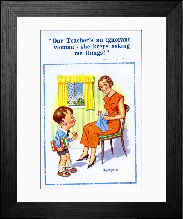 Framed Print : Comic postcard, Little boy tells mother about his teacher Framed Print : Comic postcard, Little boy tells mother about his teacher