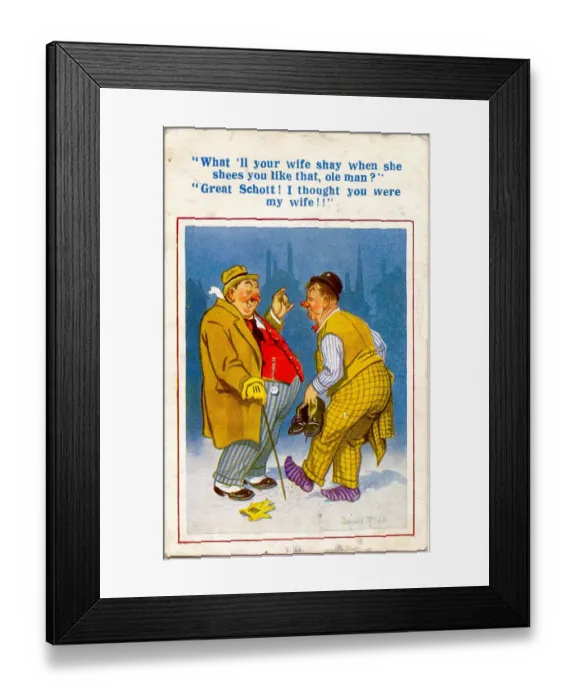 Framed Print : Comic postcard, Two drunkards chatting Date: 20th century Framed Print : Comic postcard, Two drunkards chatting Date: 20th century