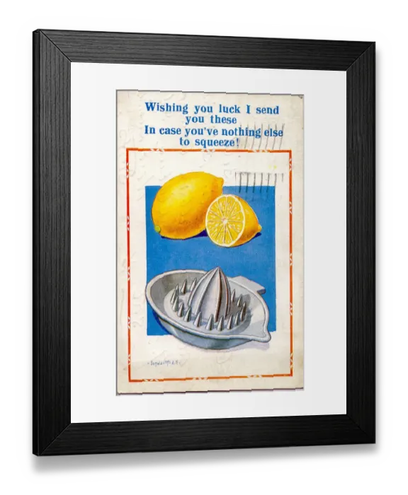 Framed Print : Comic postcard, Lemons and squeezer Date: 20th century Framed Print : Comic postcard, Lemons and squeezer Date: 20th century