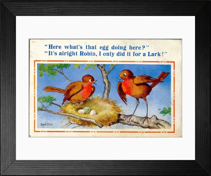 Framed Print : Comic postcard, Birds with nest of eggs Framed Print : Comic postcard, Birds with nest of eggs