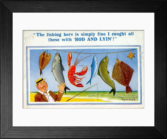 Framed Print : Comic postcard, Man with line of fish he didn t catch Framed Print : Comic postcard, Man with line of fish he didn t catch