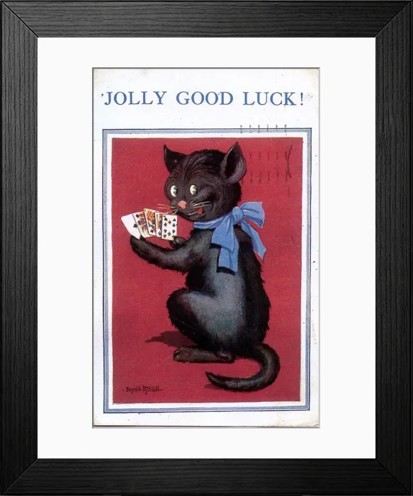 Framed Print : Good Luck postcard, Black cat with playing cards Date: 20th century Framed Print : Good Luck postcard, Black cat with playing cards Date: 20th century