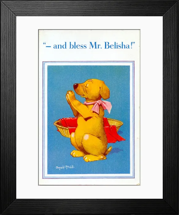 Framed Print : Comic postcard, Dog saying his prayers - bless Mr Belisha Framed Print : Comic postcard, Dog saying his prayers - bless Mr Belisha