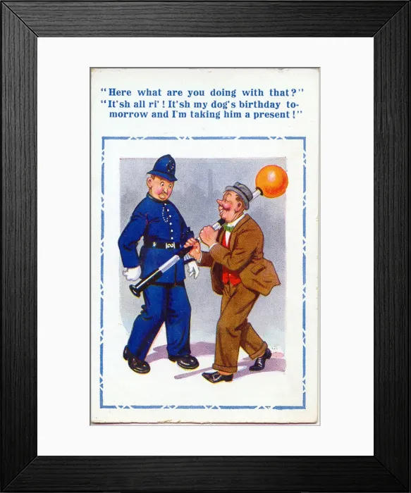 Framed Print : Comic postcard, Drunken man with Belisha beacon and policeman Date: circa 1930s Framed Print : Comic postcard, Drunken man with Belisha beacon and policeman Date: circa 1930s
