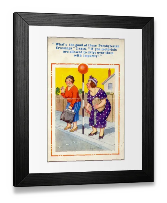 Framed Print : Comic postcard, Women at pedestrian crossing with Belisha beacon Date: circa 1930s Framed Print : Comic postcard, Women at pedestrian crossing with Belisha beacon Date: circa 1930s