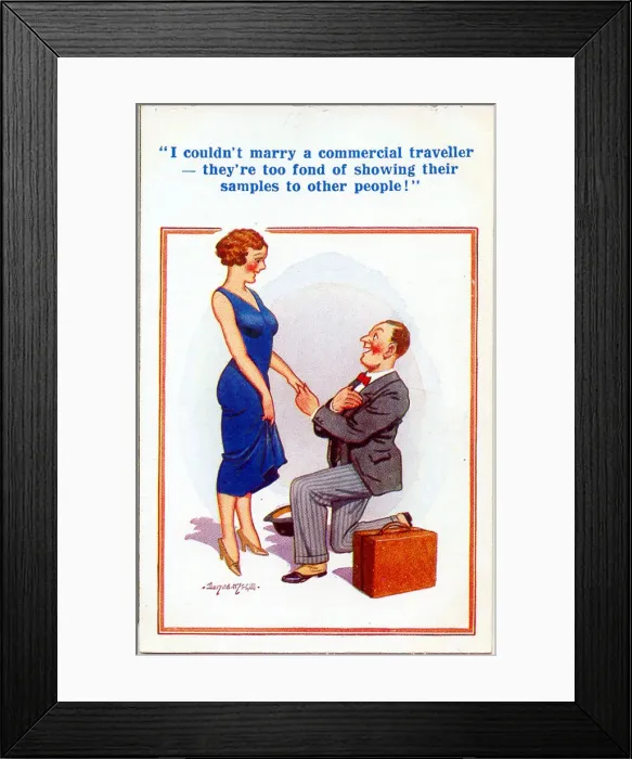 Framed Print : Comic postcard, Marriage proposal from commercial traveller Date: 20th century Framed Print : Comic postcard, Marriage proposal from commercial traveller Date: 20th century
