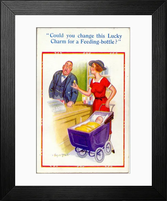 Framed Print : Comic postcard, Woman with baby in a shop Date: 20th century Framed Print : Comic postcard, Woman with baby in a shop Date: 20th century