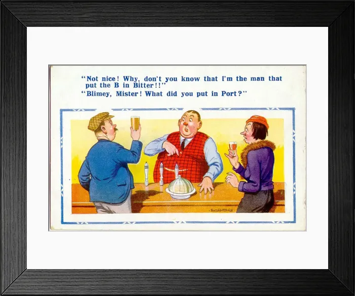 Framed Print : Comic postcard, Bitter and port in a pub Date: 20th century Framed Print : Comic postcard, Bitter and port in a pub Date: 20th century
