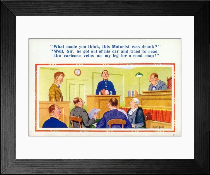 Framed Print : Comic postcard, Scene in a court of law Date: 20th century Framed Print : Comic postcard, Scene in a court of law Date: 20th century