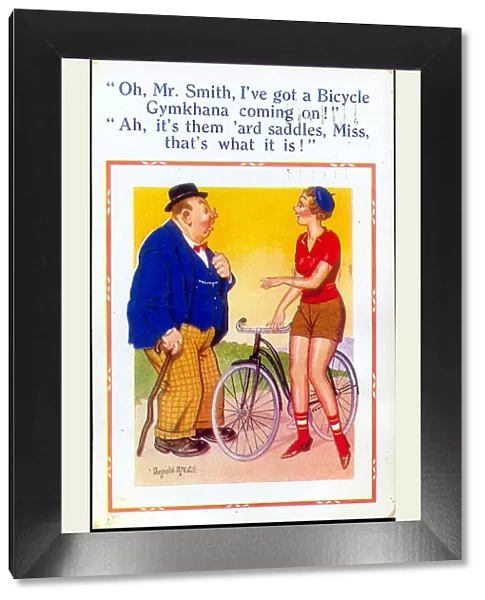 Comic postcard, Pretty woman with a bicycle