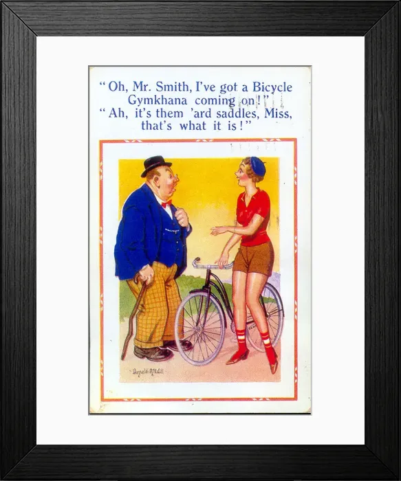 Framed Print : Comic postcard, Pretty woman with a bicycle Framed Print : Comic postcard, Pretty woman with a bicycle
