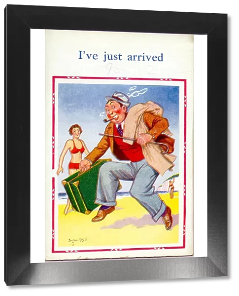 Comic postcard, Man with suitcase on the beach