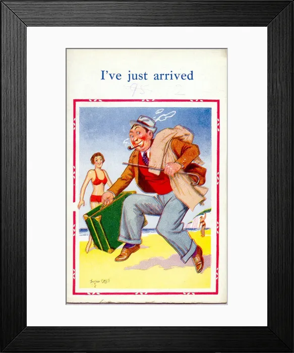 Framed Print : Comic postcard, Man with suitcase on the beach Framed Print : Comic postcard, Man with suitcase on the beach