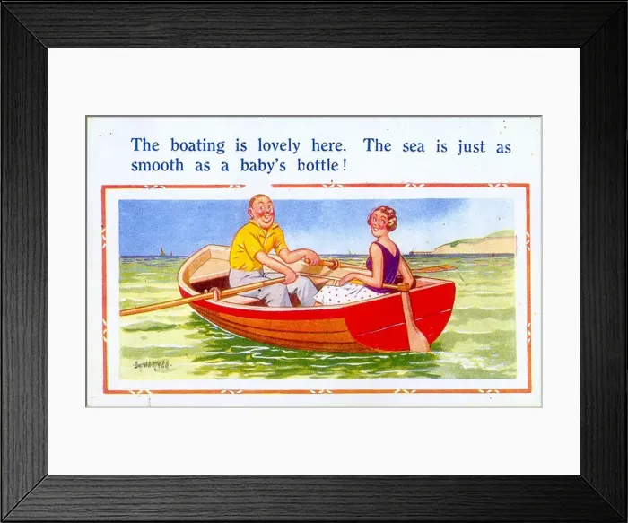 Framed Print : Comic postcard, Couple in a rowing boat on the sea