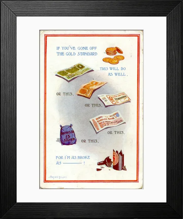 Framed Print : Comic postcard, Money and a broken bottle Date: 20th century Framed Print : Comic postcard, Money and a broken bottle Date: 20th century