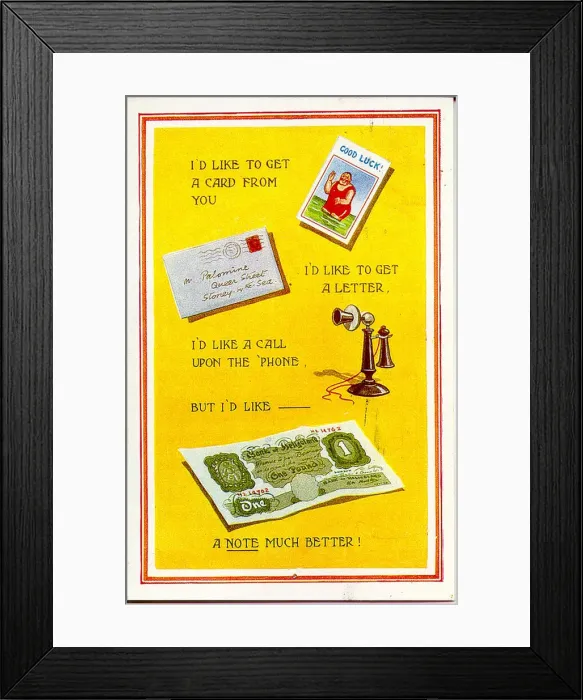 Framed Print : Comic postcard, Postcard, letter, phone and money Date: 20th century